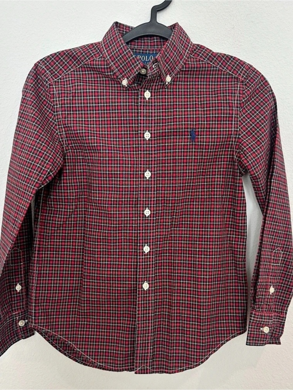 Polo Ralph Lauren Boys Plaid Cotton Poplin Shirt Red Black Tartan Plaid Small 8